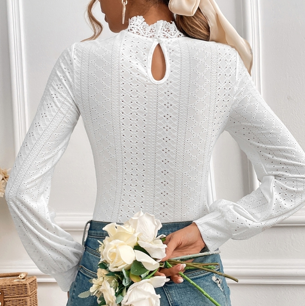Contrast Lace Mock Neck Eyelet Embroidery Lantern Sleeve Tee - Picture 4 of 4